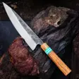 Forhandlerens produktfoto af Riceknife VALKYRIE III gyuto-kokkekniv med mønstret damaskusklinge og håndtag i rødeg, blå G10 og messing