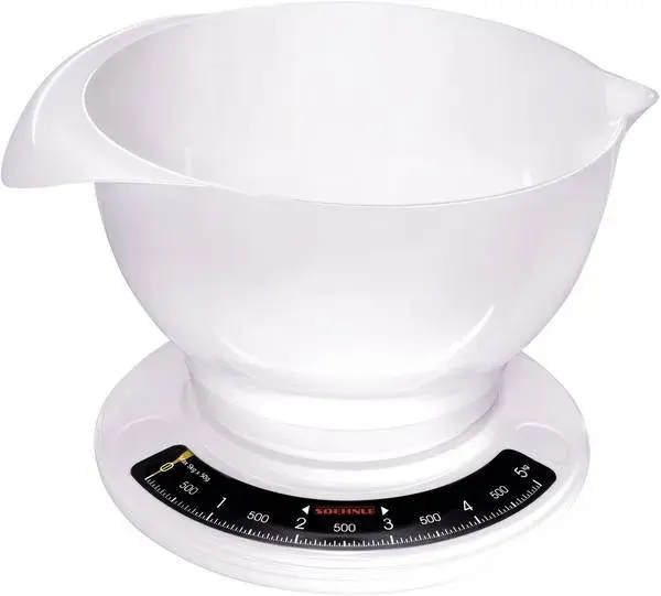 Soehnle Culina Pro køkkenvægt i hvid plast med analog skala og en stor skål ovenpå