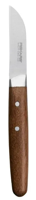 Forhandlerens produktfoto af Fiskars Classic urtekniv med kort stålklinge og håndtag i rosentræ