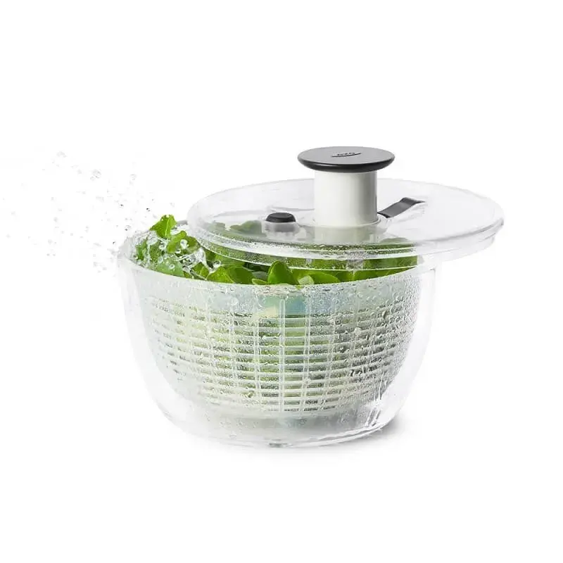 OXO salatslynge mini i hvid plast med gennemsigtig skål og låg