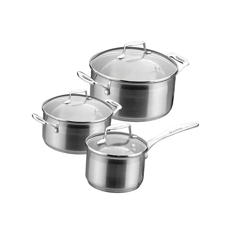 Scanpan Impact grydesæt med en kasserolle og to gryder i rustfrit stål med glaslåg